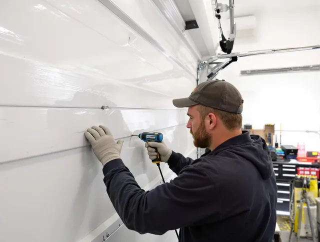 Winthrop Garage Door Repair technician demonstrating precision dent removal techniques on a Winthrop garage door