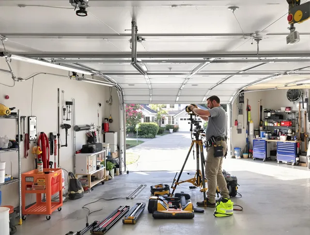 Winthrop Garage Door Repair specialist performing laser-guided track alignment in Winthrop